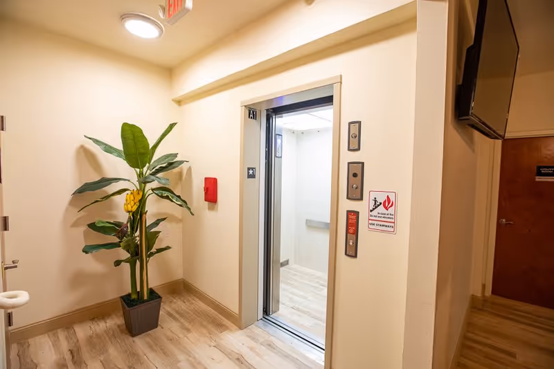 Interior view of a hallway area in an assisted living facility showing an open elevator with light wood flooring, a potted plant with large green leaves and yellow flowers, a red fire alarm on the wall, and an exit sign above a door.