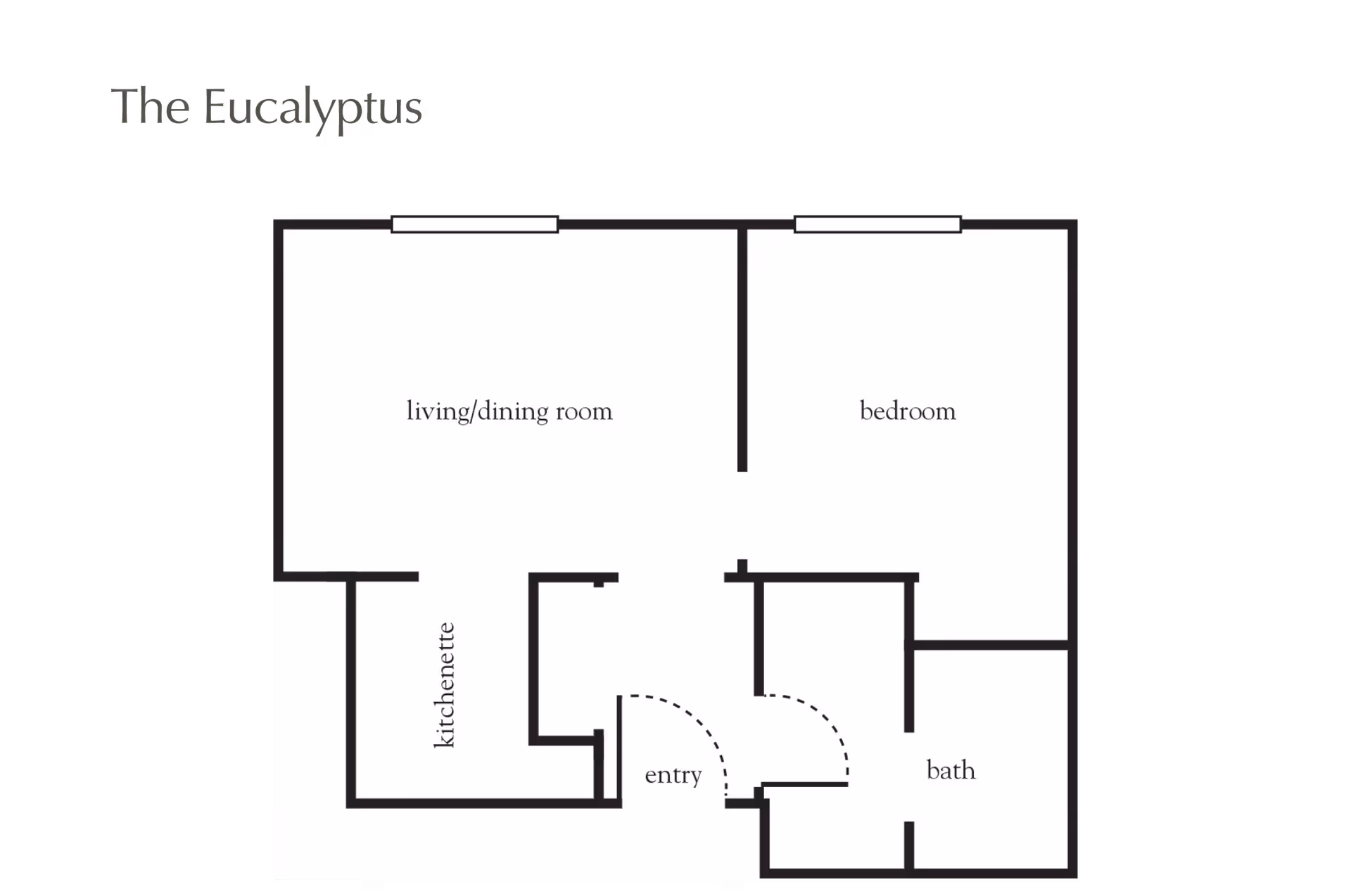 Floor plan layout titled The Eucalyptus showing a living/dining room, bedroom, kitchenette, entry, and bath.