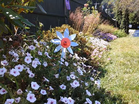 A flower bed with colorful blooms along a fence beside a grassy outdoor area.