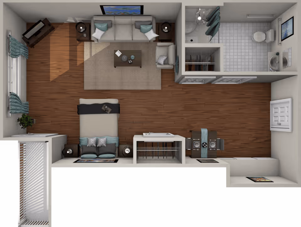 Top-down view of a studio apartment floor plan featuring a combined living and sleeping area with a bed, sofa, armchair, coffee table, TV, and side tables. There is a small dining area with a table and four chairs, a closet, and a bathroom with a shower, toilet, and sink. The flooring is wood in the main area and tile in the bathroom.