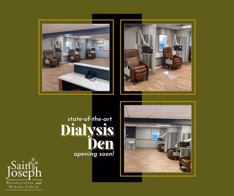 Interior views of a dialysis treatment area featuring multiple brown recliner chairs spaced apart with privacy curtains and mounted monitors, set in a clean, modern room with wood flooring and neutral walls.
