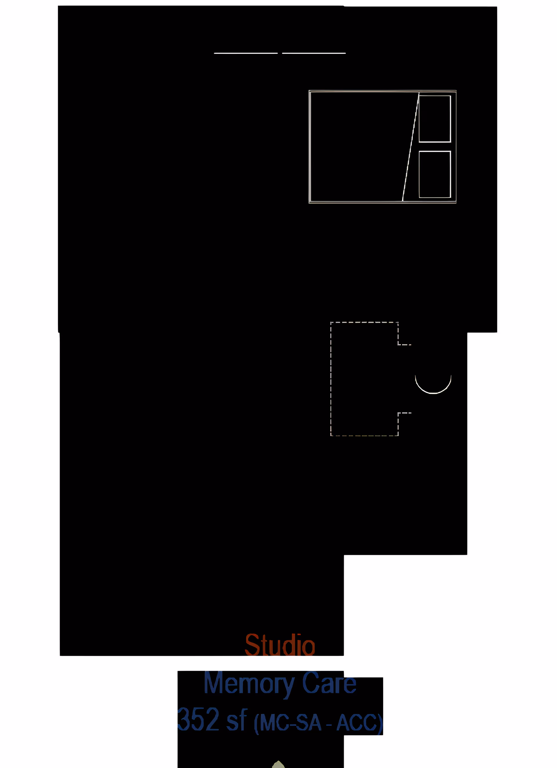Simple studio floor plan diagram showing a bed, a small closet/alcove, an entry door, and the label 'Studio Memory Care 352 sf'.