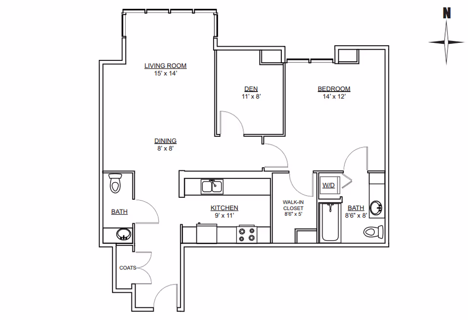 Architectural floor plan of a senior living apartment at Horizon Independent Senior Living, showing a living room, dining area, kitchen, den, bedroom, two bathrooms, walk-in closet, coat closet, and washer/dryer area with dimensions for each room.