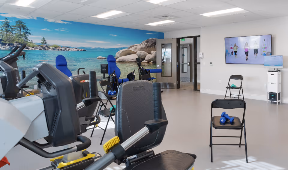 Exercise/fitness room with cardio machines, folding chairs holding small dumbbells, a large lakeshore mural on the wall, and a TV screen.