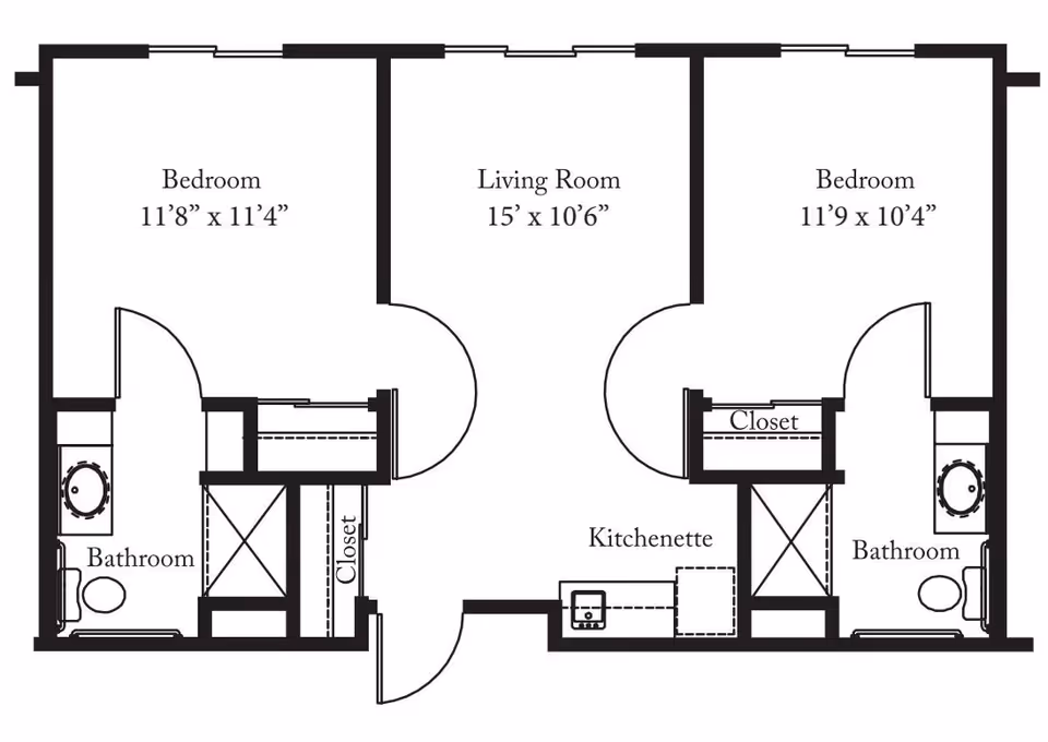 Floor plan of a living space with two bedrooms, each with its own bathroom and closet, a central living room, and a kitchenette area.