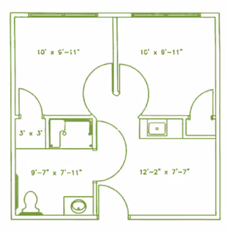 Architectural floor plan of a residential unit with labeled room dimensions, including two bedrooms, a bathroom, and a living area.