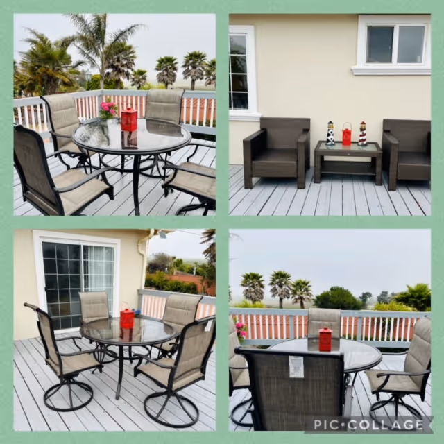 Collage of four images showing an outdoor patio area with a round glass table surrounded by beige cushioned chairs. The patio has a white wooden railing and overlooks palm trees and greenery. One image shows two brown wicker chairs with a small table between them, decorated with lanterns. The setting appears calm and inviting.