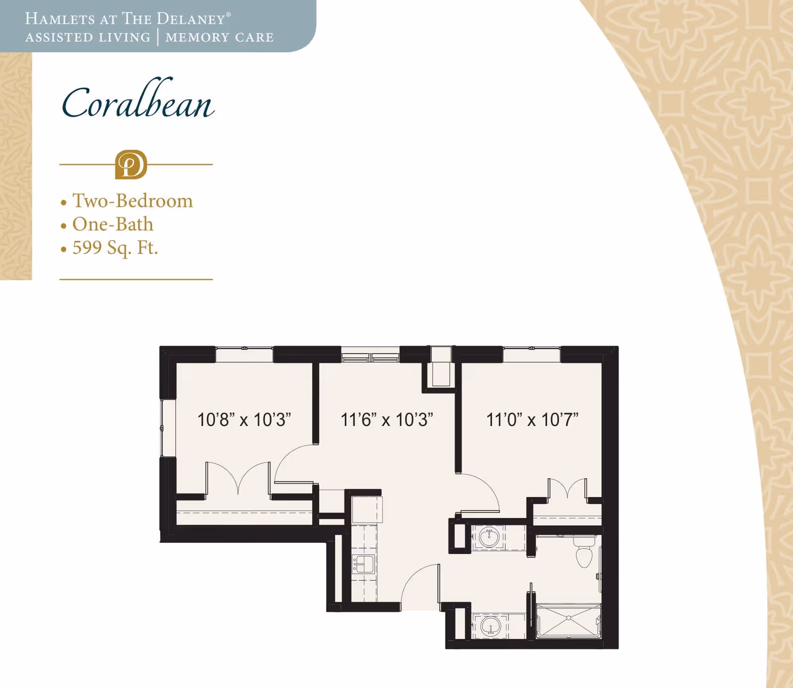 Floor plan layout for Coralbean at Hamlets at The Delaney assisted living and memory care, showing a two-bedroom, one-bath apartment with dimensions for each room and a total area of 599 square feet.