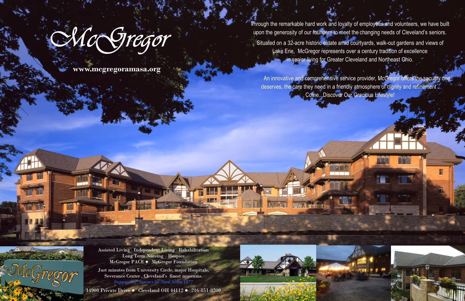 Exterior view of McGregor Assisted Living facility, a large multi-story brick building with Tudor-style architectural elements, set against a blue sky with some tree branches framing the top. Below the main image are smaller inset photos showing the McGregor sign, building entrance, a lit outdoor area at dusk, and another exterior view. Text overlays describe the facility's services and history.