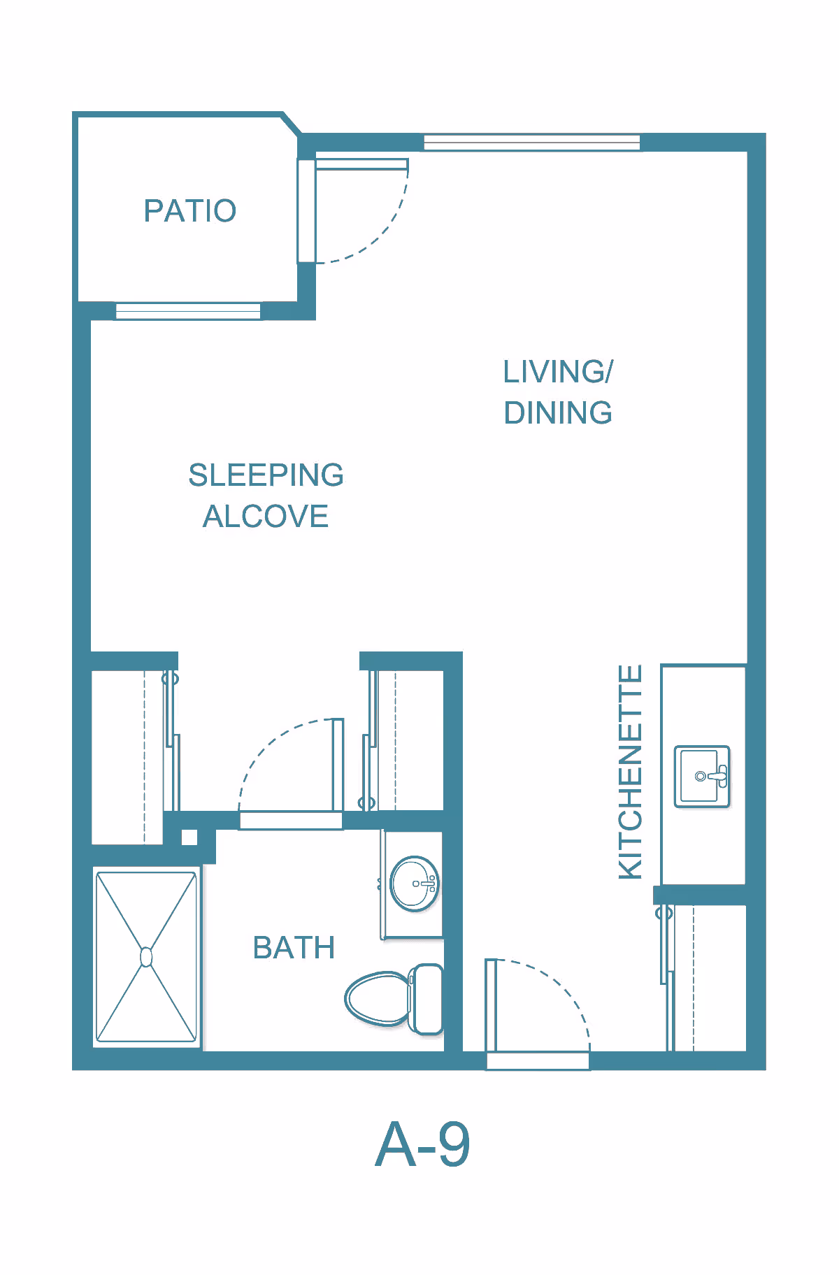 Floor plan labeled A-9 showing a layout with a patio, sleeping alcove, living/dining area, kitchenette, and a bathroom with a shower, toilet, and sink.