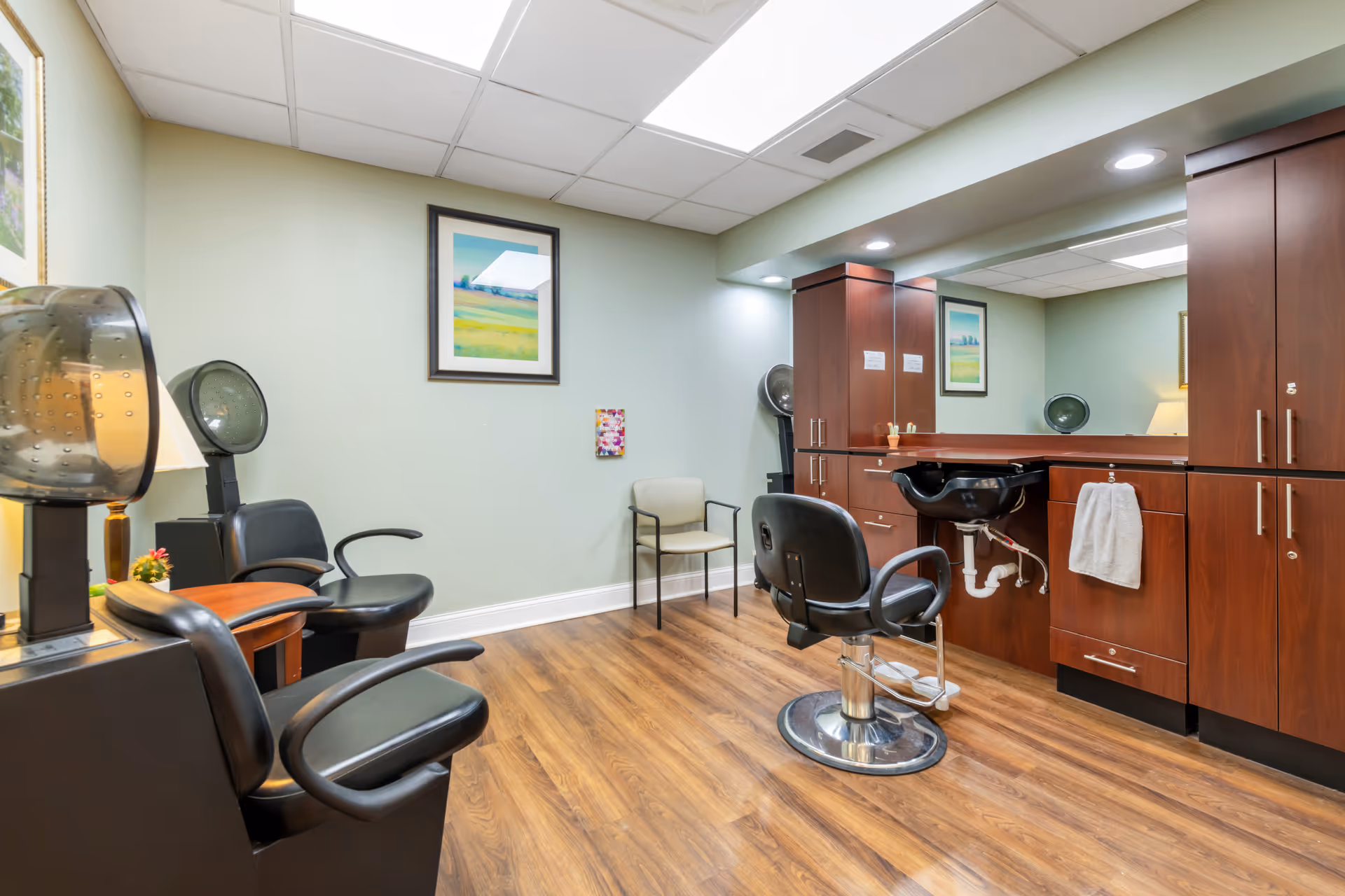 Salon room with styling chairs, hooded hair dryers, a shampoo sink, and wood cabinetry.