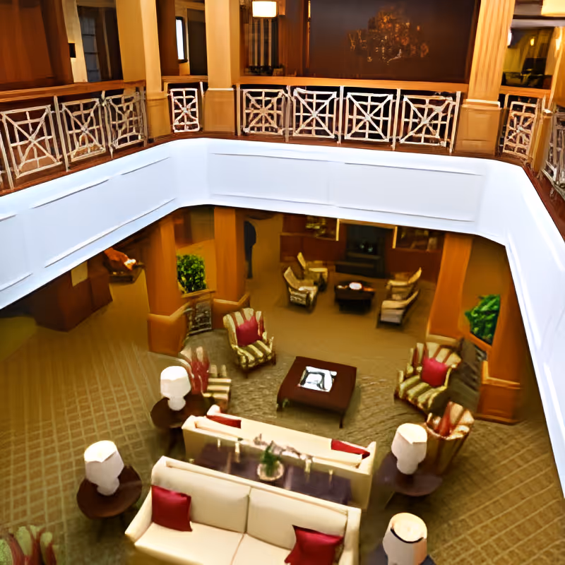 View from an upper floor overlooking a spacious living room area with multiple armchairs and sofas arranged around coffee tables. The room features warm wood paneling, decorative railings on the upper level, and soft lighting from table lamps. There are plants and artwork adding to the cozy ambiance.