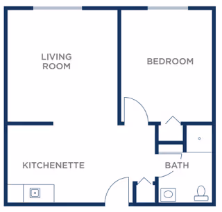 Floor plan layout showing a living room, bedroom, kitchenette, and bathroom with labeled areas and door placements.