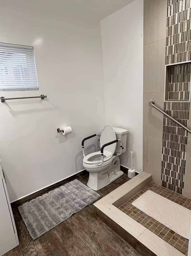 Small bathroom with a toilet fitted with black grab rails next to a raised tiled walk-in shower with a grab bar and a gray bath mat on wood-look flooring.