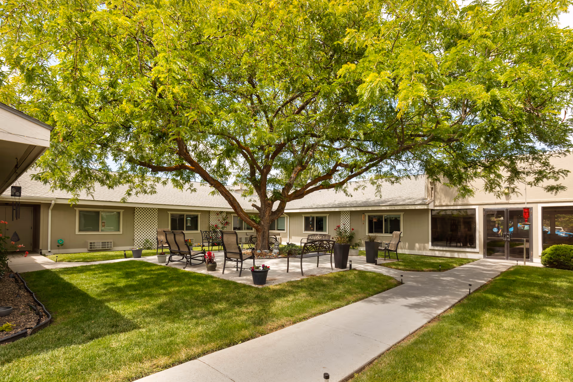 Outdoor courtyard area at Brookdale Ontario featuring a large tree with green leaves providing shade over several chairs and benches arranged on a concrete patio. The courtyard is surrounded by a single-story building with windows and doors, and well-maintained green grass and walkways.