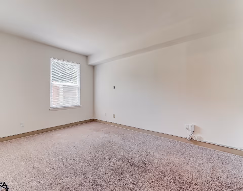 Empty room with beige carpet, white walls, a single window with blinds, and electrical outlets on the walls.