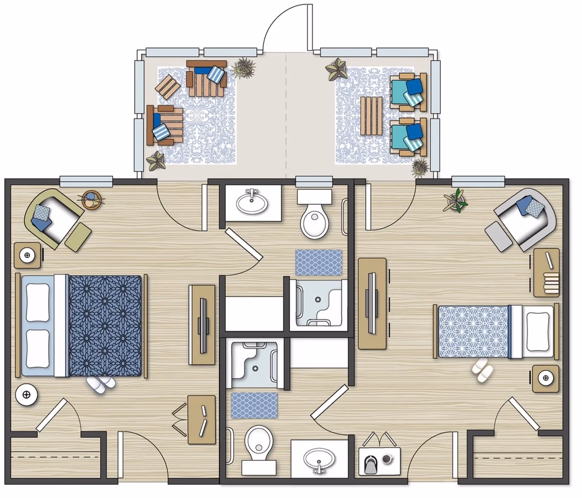 Top-down floor plan of a two-bedroom, two-bath senior living apartment with living areas and a furnished outdoor patio.