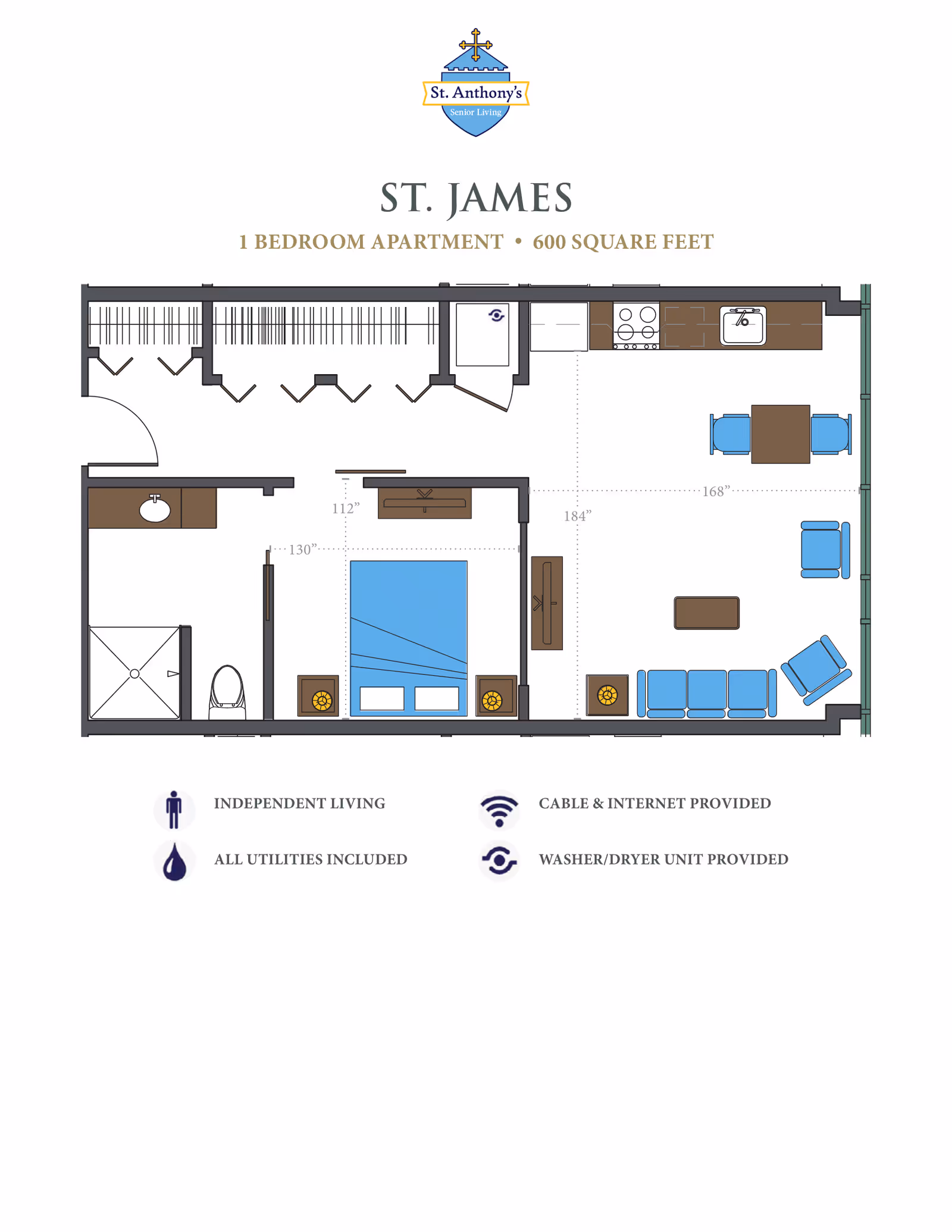 Floor plan of St. Anthony's Senior Living 1 bedroom apartment named St. James, covering 600 square feet. The layout includes a bedroom with a bed and nightstands, a bathroom with a shower and toilet, a kitchen area with appliances and a sink, and a living/dining area with a sofa, chairs, coffee table, and dining table with chairs. Icons indicate independent living, all utilities included, cable and internet provided, and washer/dryer unit provided.