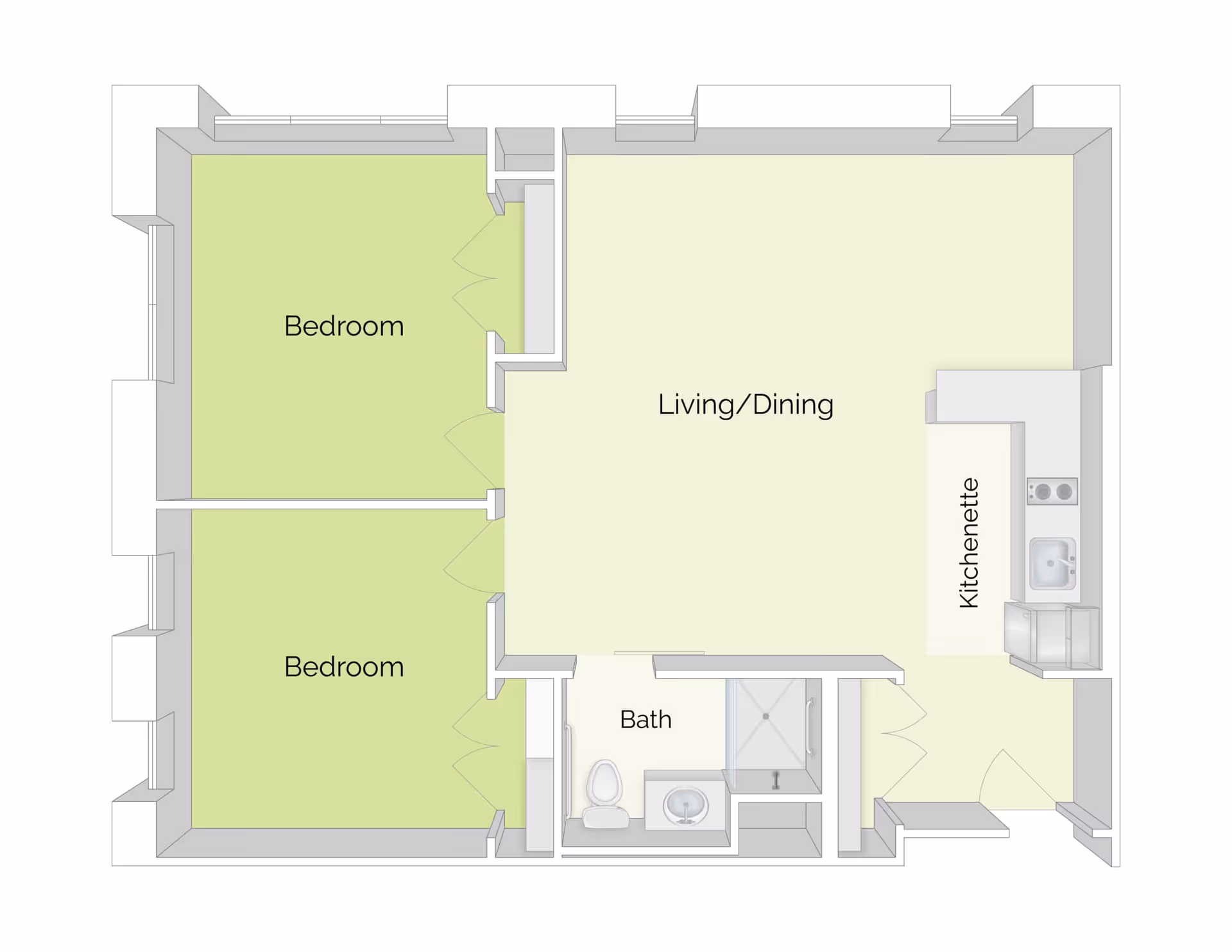 Floor plan of a residential unit showing two bedrooms, a combined living and dining area, a kitchenette, and a bathroom with a toilet, sink, and shower.