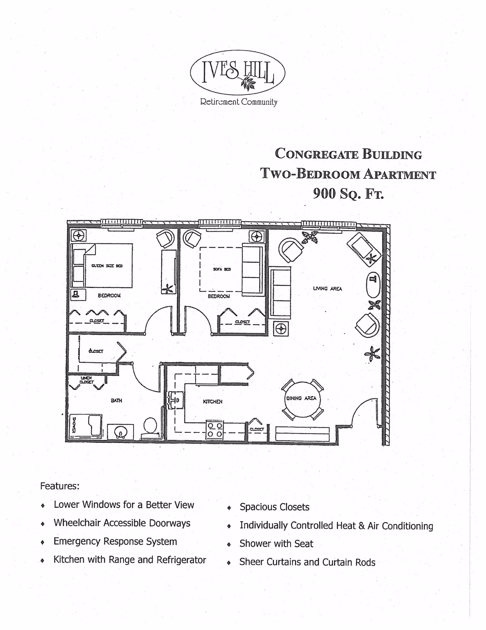 Floor plan of a two-bedroom apartment in the Congregate Building at Ives Hill Retirement Community, showing a layout with two bedrooms, a living area, dining area, kitchen, bathroom, and multiple closets. The plan includes furniture placement and notes features such as wheelchair accessible doorways, emergency response system, and individually controlled heat and air conditioning.