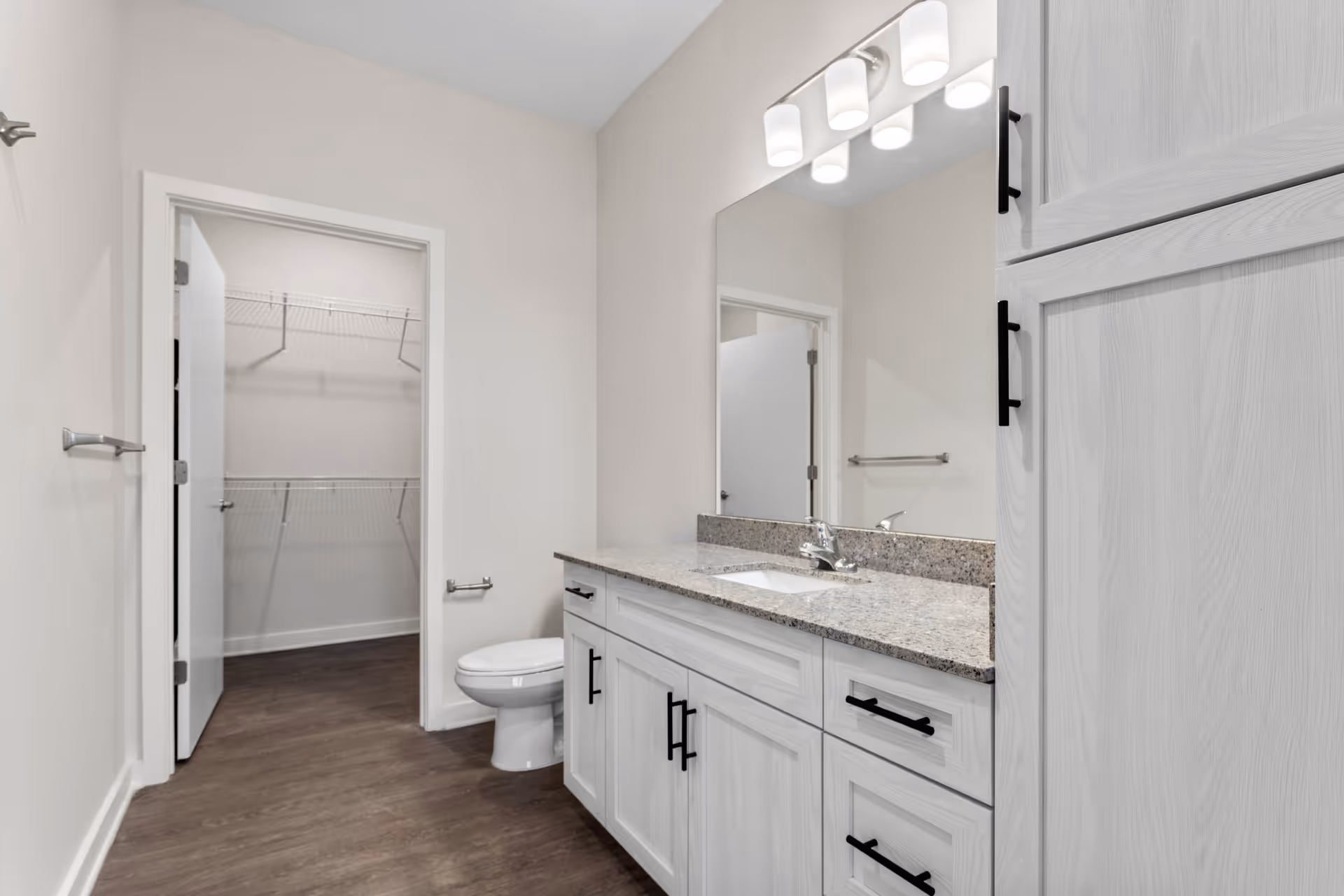 Bright modern bathroom with a single-sink vanity, large mirror, toilet, and open walk-in closet.