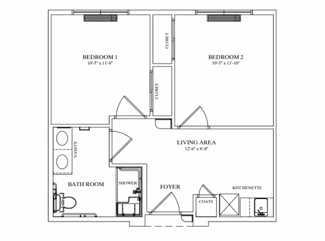 Architectural floor plan of a senior living unit at Isle at Watercrest Bryan showing two bedrooms, a bathroom with vanity and shower, a living area, foyer, kitchenette, and coat closet.