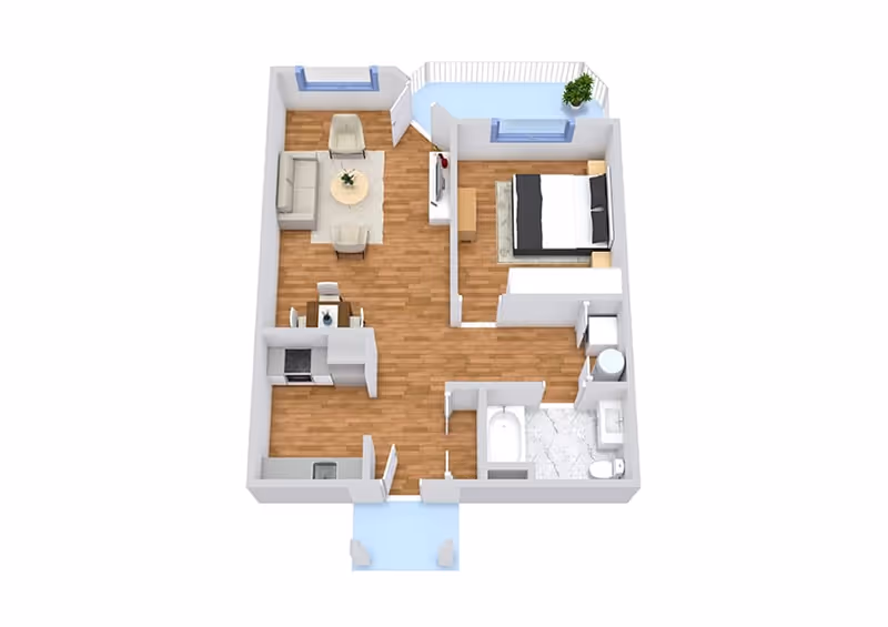 3D rendered floor plan of a one-bedroom apartment with living area, kitchen, bathroom and balcony