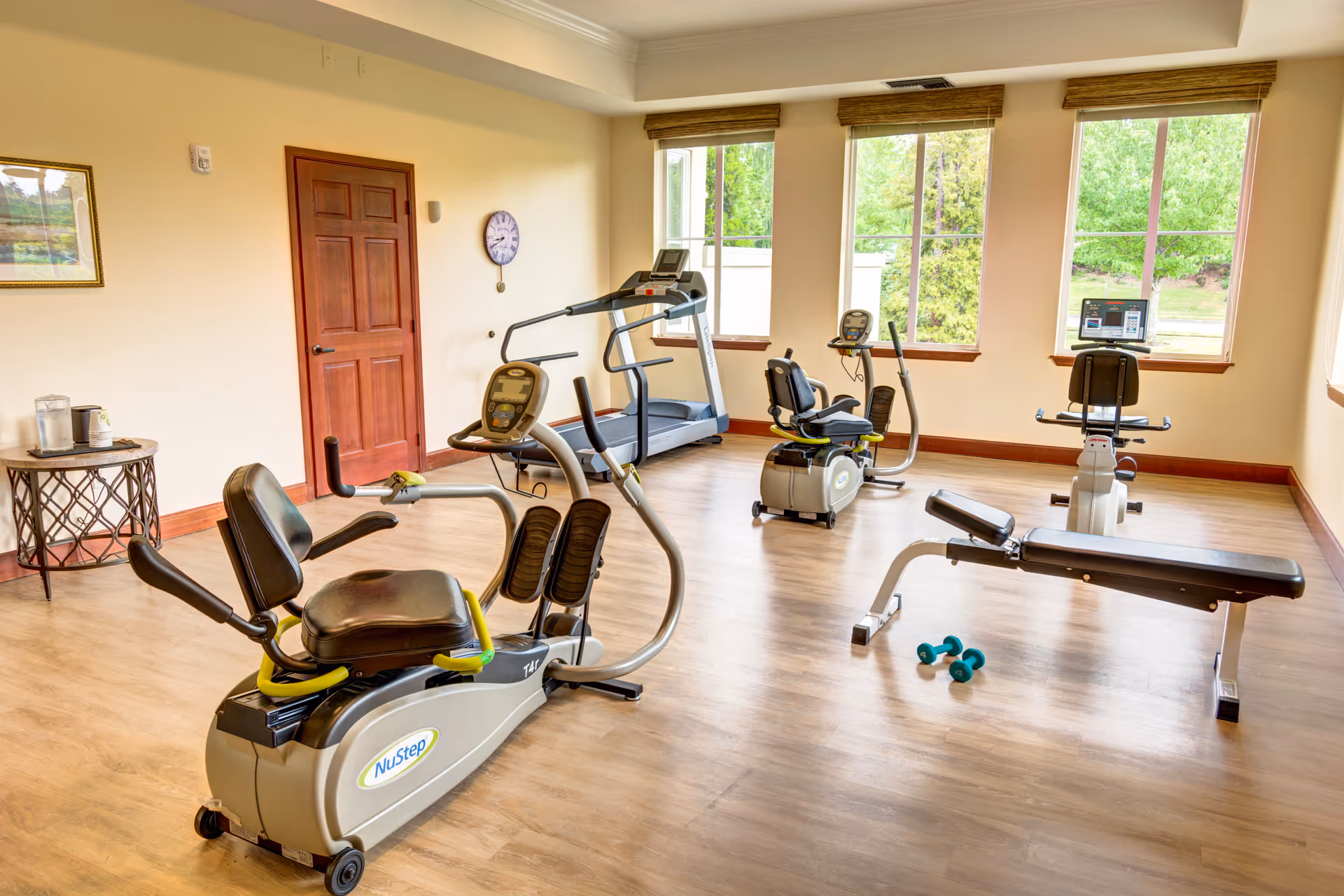 A bright exercise room with large windows showing greenery outside. The room contains various fitness equipment including a recumbent exercise bike, a treadmill, an elliptical machine, a rowing machine, a weight bench, and a pair of small dumbbells on the wooden floor. There is a small round table with a water pitcher and cups near a wooden door.