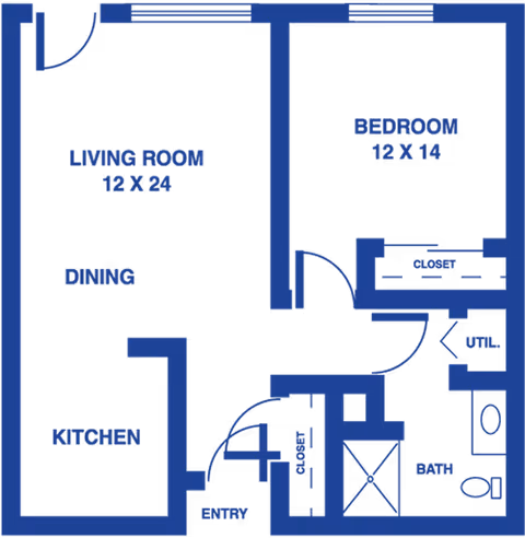 Architectural floor plan showing a one-bedroom apartment layout with labeled areas including living room, dining, kitchen, bedroom, closet, utility, bath, and entry. Dimensions for living room and bedroom are provided.