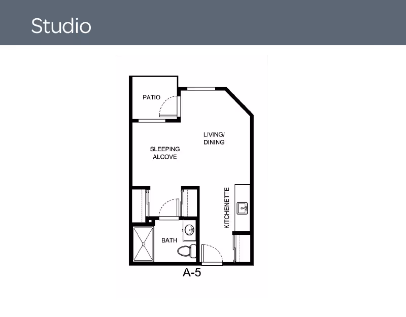 Floor plan of a studio apartment labeled A-5, showing a patio, sleeping alcove, living/dining area, kitchenette, and bathroom.