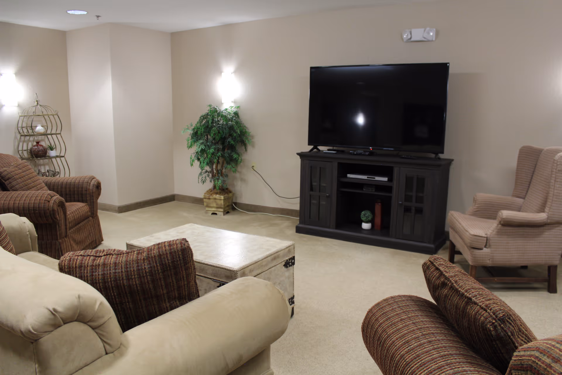 A seating area with sofas and armchairs facing a large flat-screen TV on a dark console, with a coffee table and potted plant in a neutral-toned room.