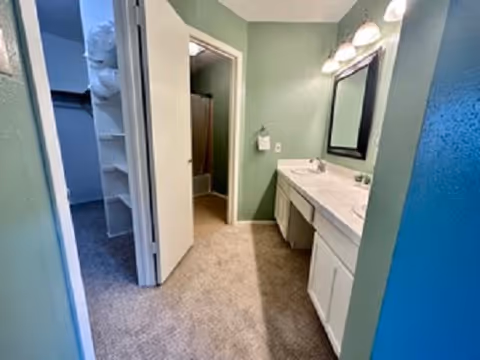 Interior view of a senior care facility bathroom area with a double sink vanity, large mirror, and overhead lights. The walls are painted green, and the floor is carpeted. An open door leads to a small room with a shower and toilet.