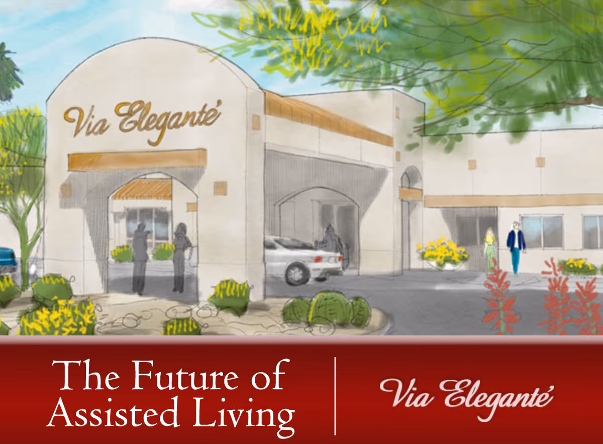 Illustration of the front exterior entrance of Via Elegante Assisted Living Tucson Mountains, showing a building with an archway, a car parked under a covered area, and people walking nearby. The scene includes desert landscaping with cacti and flowering plants under a blue sky.