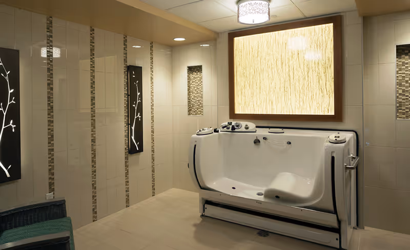 A modern bathroom with a large walk-in bathtub featuring built-in controls and a seat. The walls are tiled with vertical mosaic accents and decorative illuminated panels with branch designs. A large backlit textured panel is mounted on the wall above the bathtub. There is a wicker chair with a green cushion in the corner.