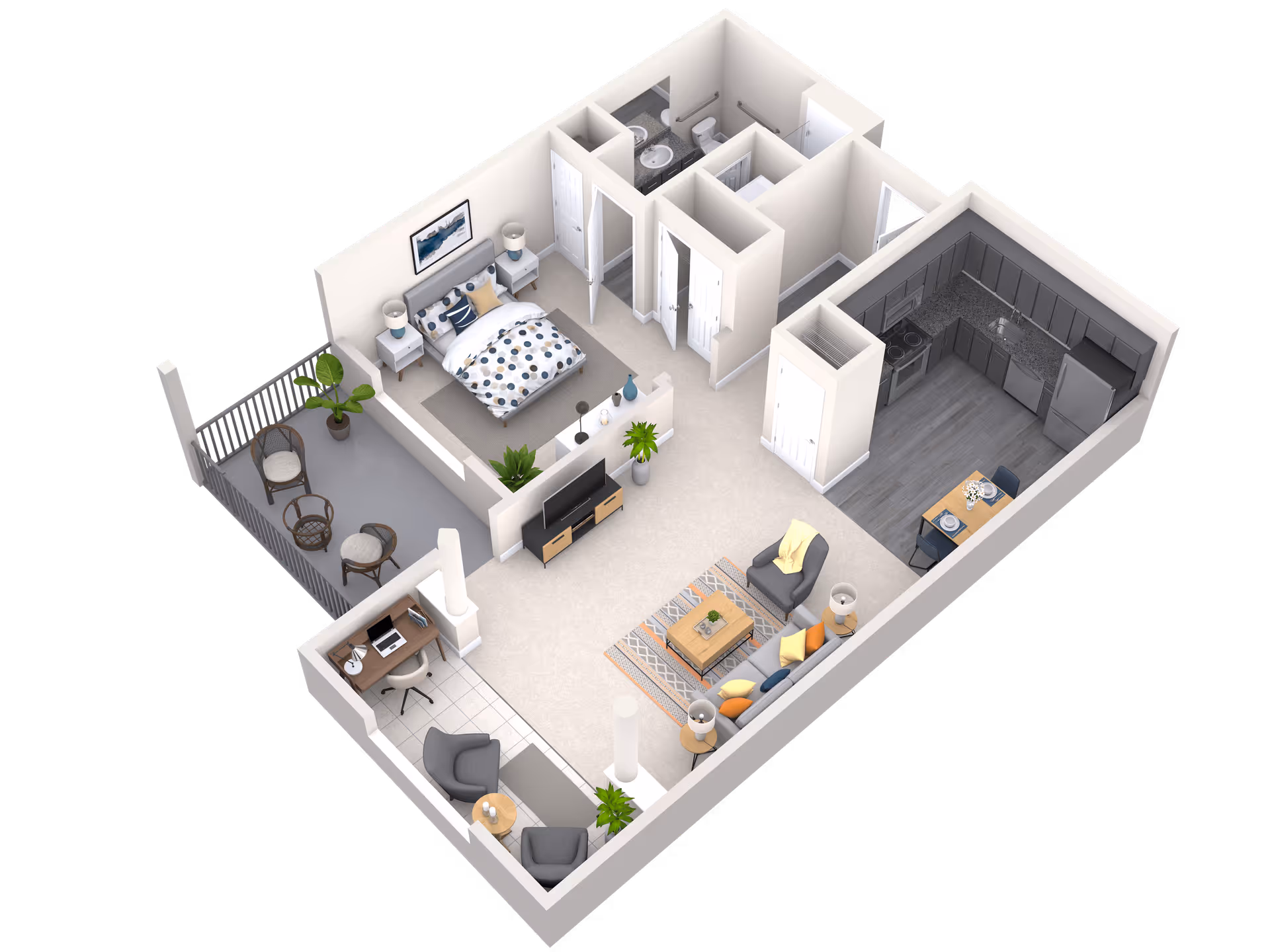 3D floor-plan rendering of a one-bedroom apartment showing a bedroom, bathroom, kitchen, living room, small office area and balcony.