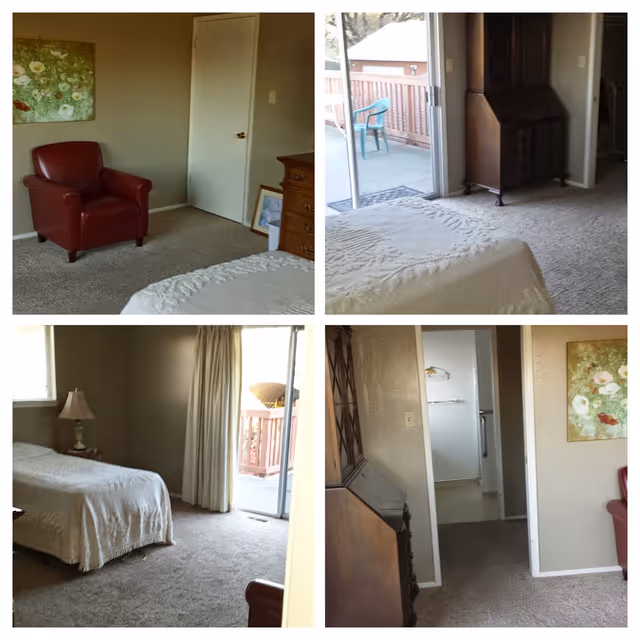 Collage of four photos showing a carpeted bedroom with a bed, red armchair, dresser, sliding glass door to a deck, and an adjacent bathroom doorway.