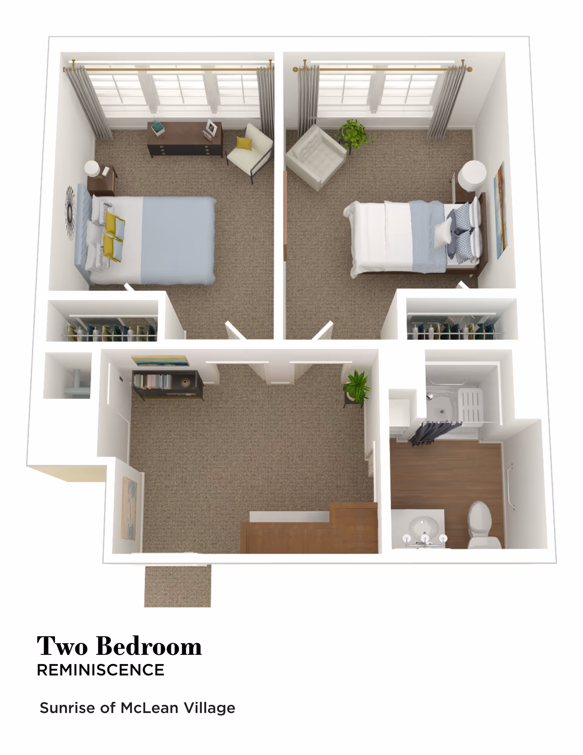 3D rendered floor plan of a two-bedroom apartment showing two bedrooms, a central living area, bathroom, closets and entry labeled 'Two Bedroom Reminiscence'.