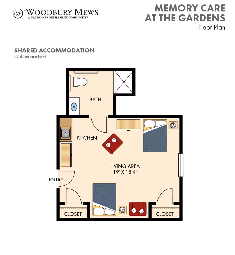 Floor plan of a shared accommodation unit at Memory Care at the Gardens, showing a living area with two beds, two closets, a kitchen area with a sink and stove, and a bathroom with a toilet and sink. The living area measures 19 feet by 15 feet 4 inches.
