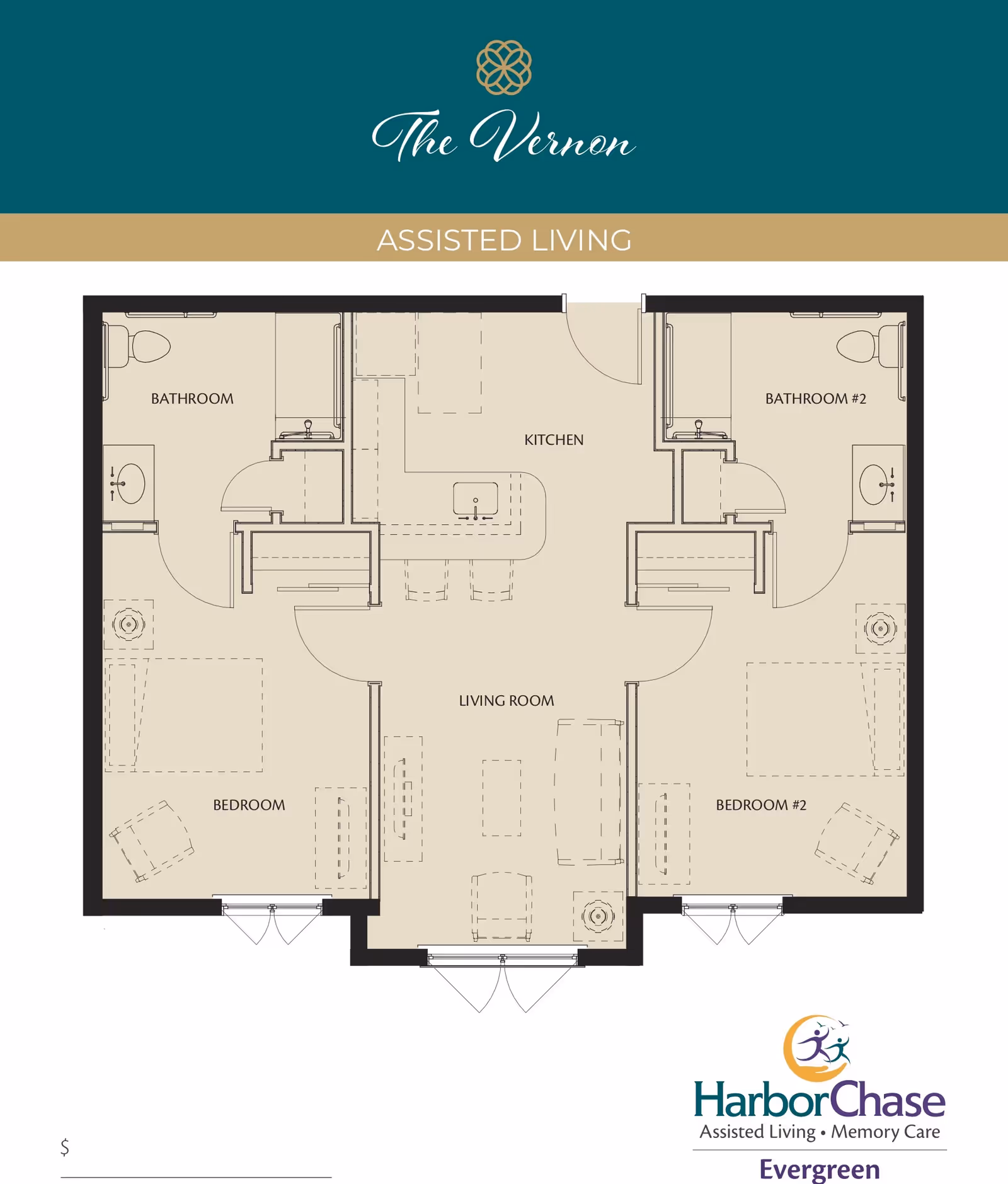 Floor plan titled The Vernon for assisted living at HarborChase Evergreen, showing two bedrooms each with a bathroom, a central kitchen, and a living room area.