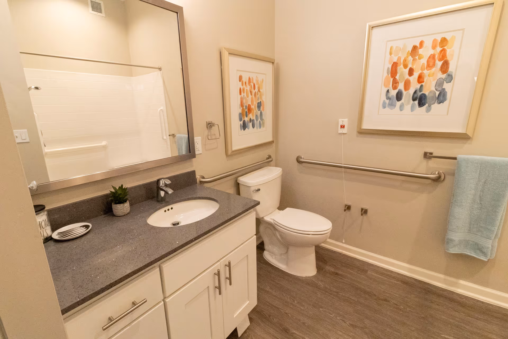 Accessible bathroom with a sink vanity, large mirror, toilet, grab bars, framed artwork and a towel.