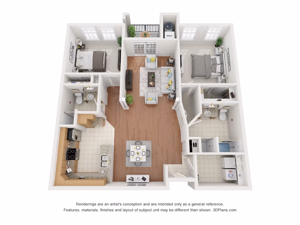 3D floor plan of a two-bedroom apartment featuring a kitchen with appliances and countertops, a dining area with a table and four chairs, a living room with sofas and a TV, two bedrooms each with a bed and nightstands, two bathrooms with sinks, toilets, and showers, a laundry area with a washer and dryer, and a small balcony with a table and chairs.