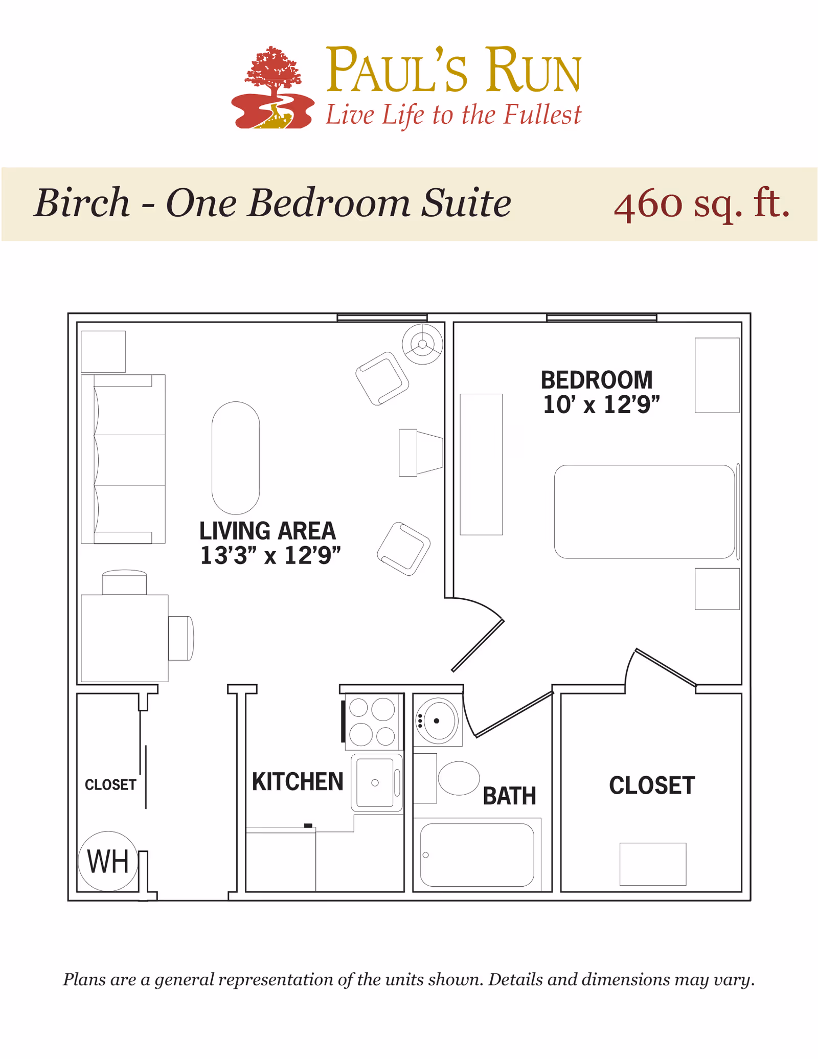 Floor plan of Birch one bedroom suite at Paul's Run showing a living area measuring 13 feet 3 inches by 12 feet 9 inches, a bedroom measuring 10 feet by 12 feet 9 inches, a kitchen, a bathroom, and two closets including a water heater closet. The total area is 460 square feet.