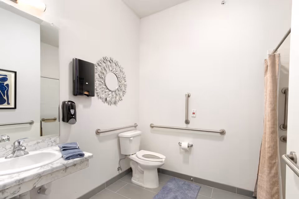 A clean, accessible bathroom with a white toilet, grab bars on the walls, a sink with a marble countertop, a mirror, a decorative round mirror with a leaf design, a paper towel dispenser, a soap dispenser, a blue bath mat, and a beige shower curtain.