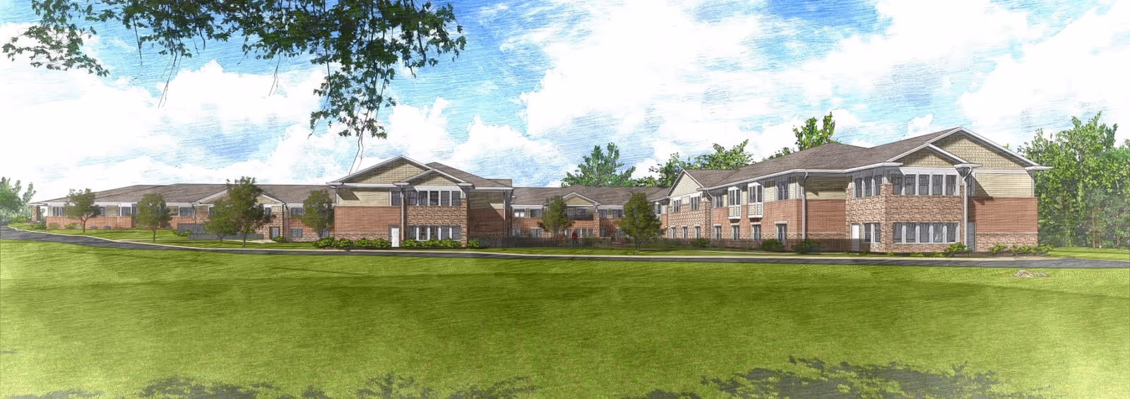 Exterior view of a large two-story senior living facility building with brick and beige siding, surrounded by green grass and trees under a partly cloudy sky.