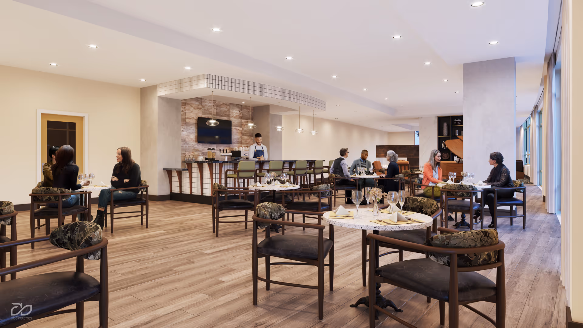 Spacious dining room with tables and chairs, residents seated and talking while a staff member stands behind a service counter.