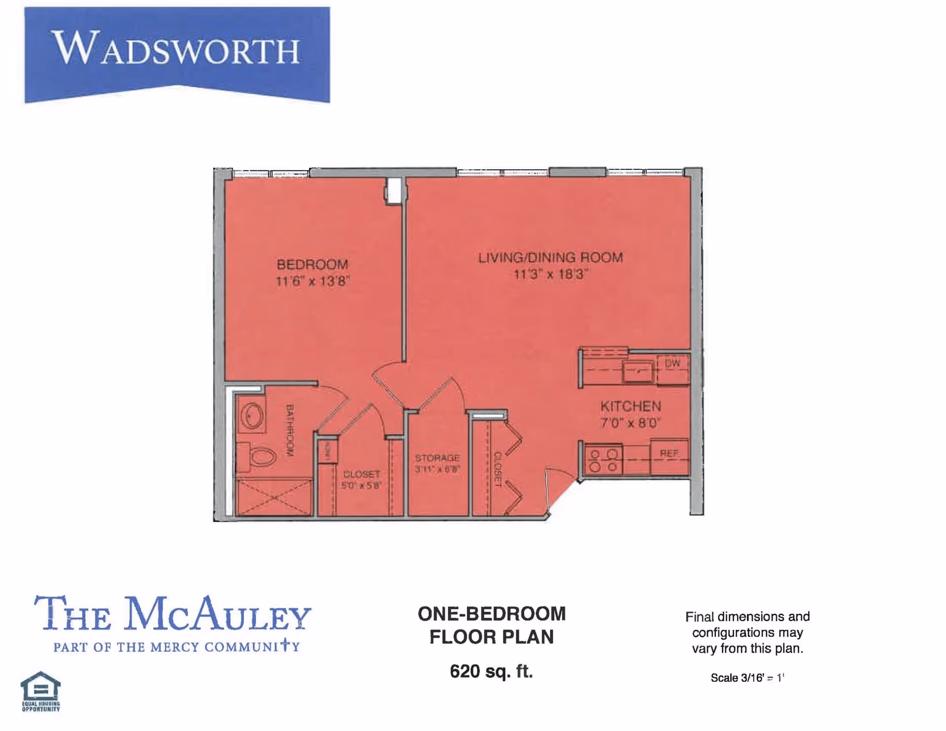 One-bedroom apartment floor plan diagram showing a bedroom, living/dining room, kitchen, bathroom and closets with The McAuley branding.