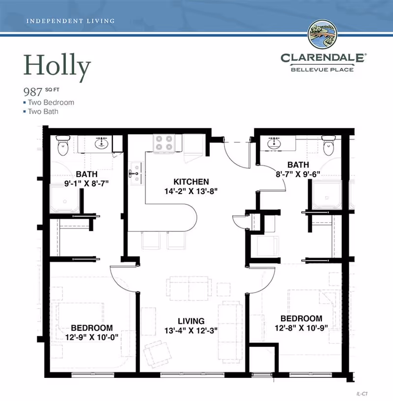 Floor plan layout of the Holly apartment at Clarendale Bellevue Place showing two bedrooms, two bathrooms, a kitchen, and a living area with dimensions.