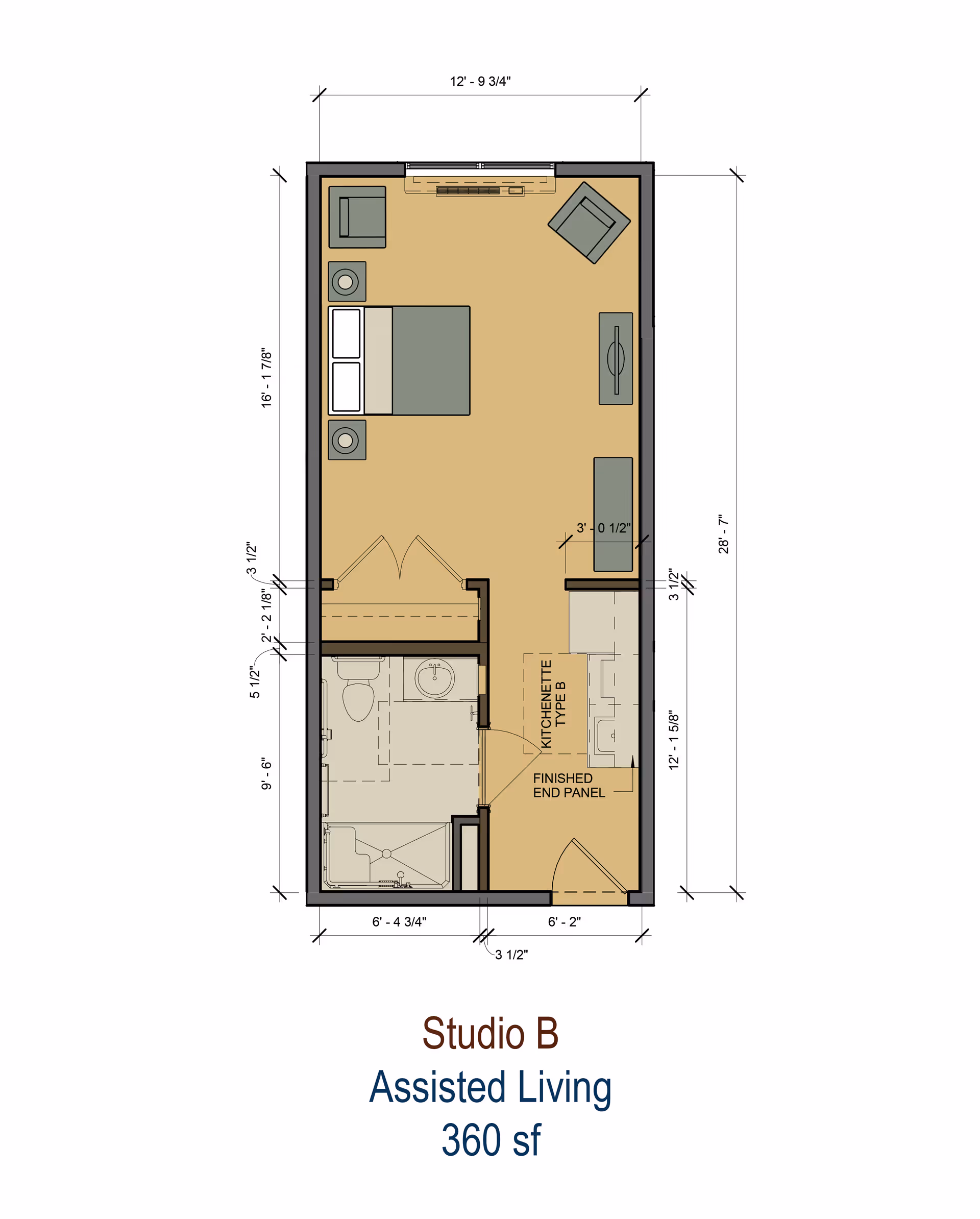 Floor plan labeled "Studio B Assisted Living 360 sf" showing a studio layout with a bed, seating area, kitchenette, bathroom, and dimensions.