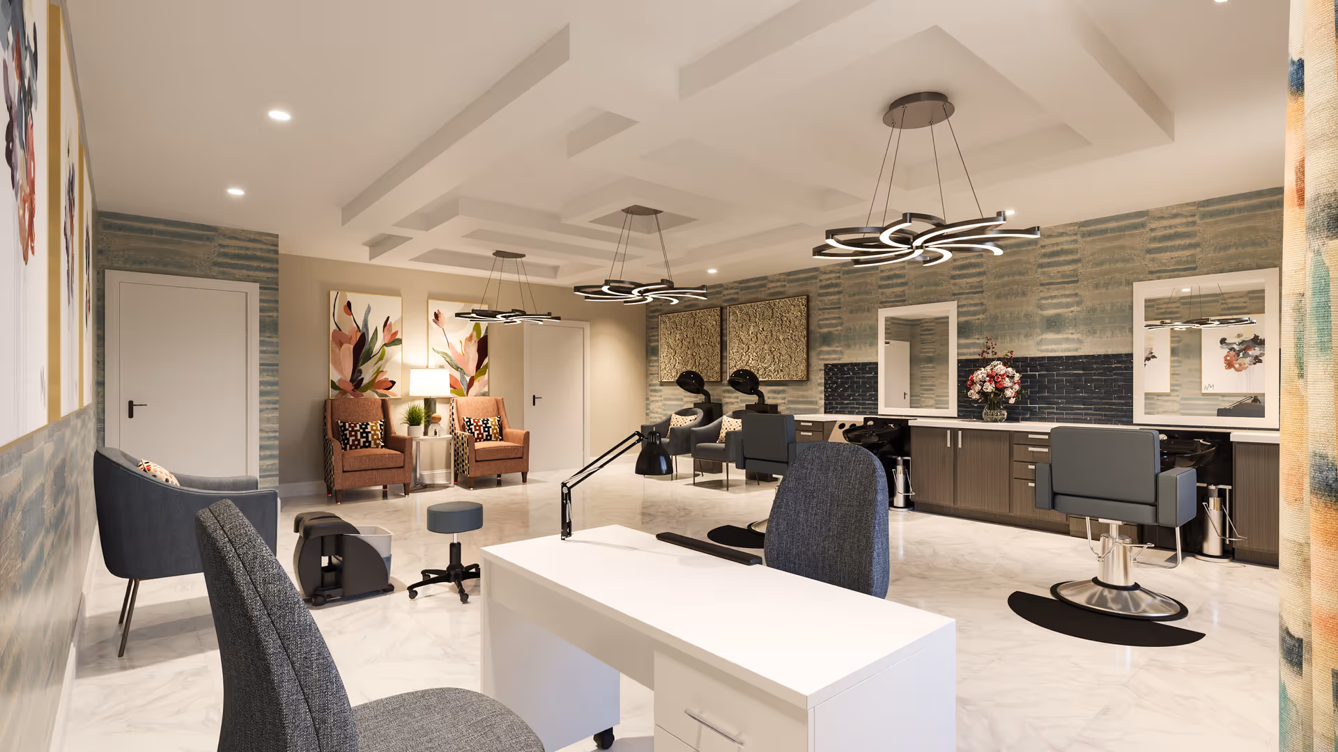 Bright modern salon and grooming area with a manicure table in the foreground, styling chairs and wash stations along the back wall, and lounge seating.