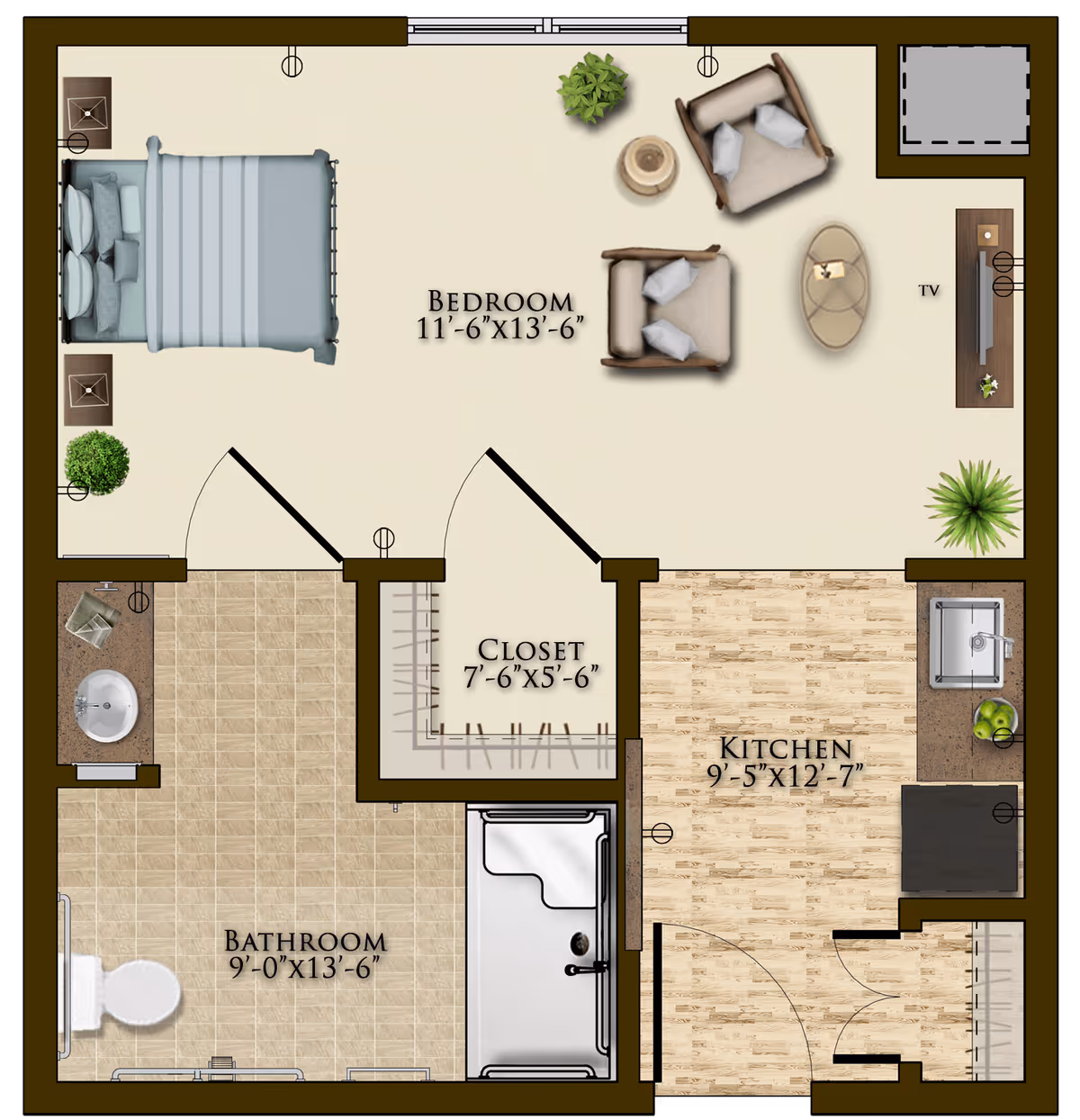 Floor plan of a senior living unit at Harmony At Mt. Juliet showing a bedroom with a bed, two chairs, a TV, and plants; a closet; a bathroom with a toilet, sink, and shower; and a kitchen with a sink and counter space.